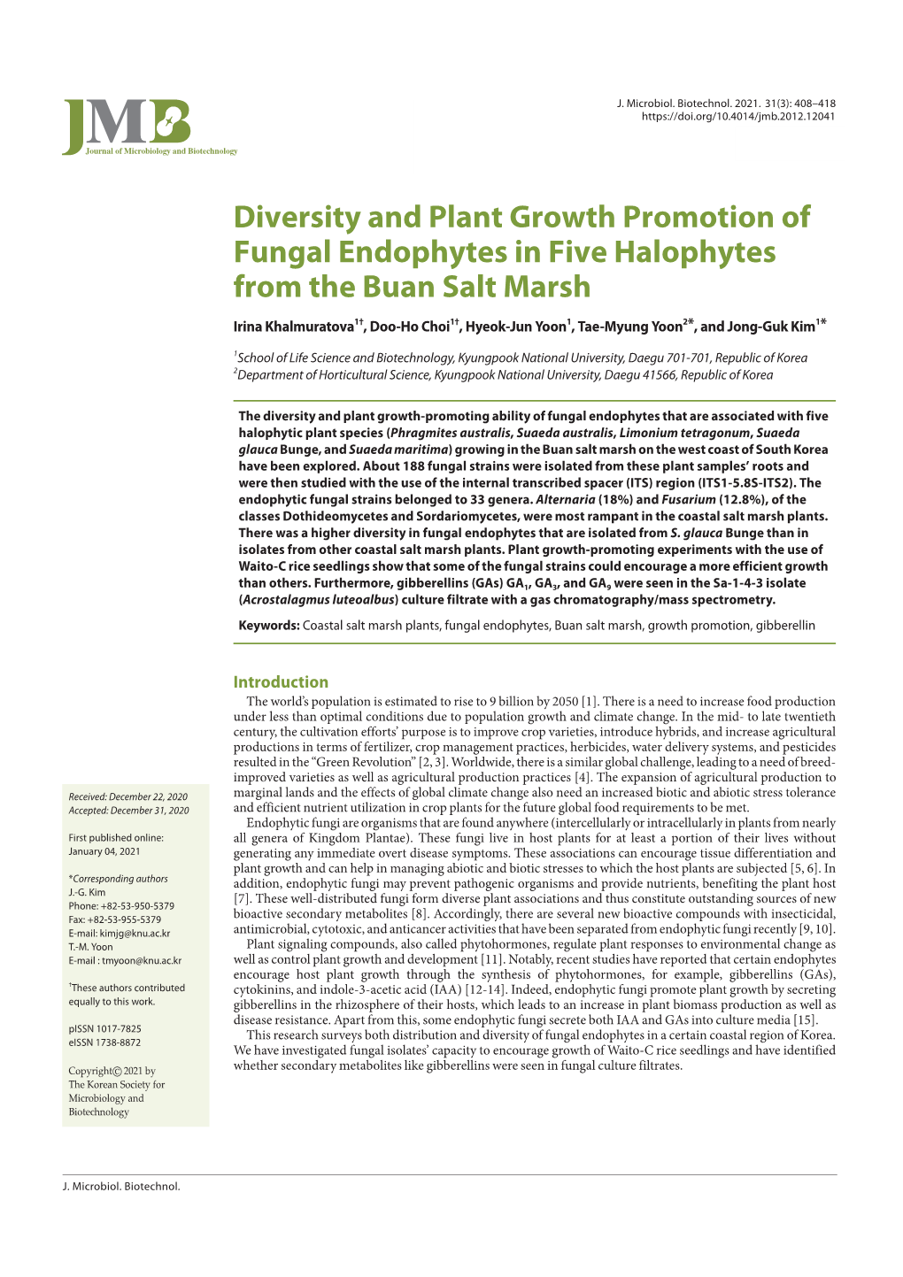 Diversity and Plant Growth Promotion of Fungal Endophytes in Five Halophytes from the Buan Salt Marsh