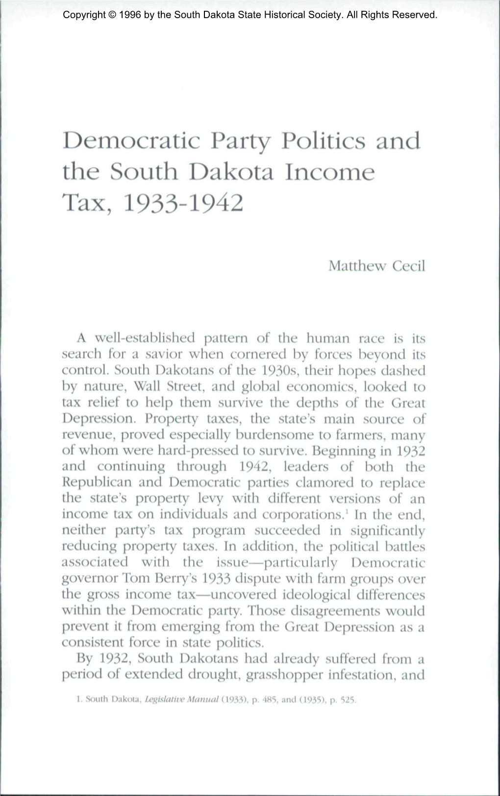 Democratic Party Politics and the South Dakota Income Tax, 1933-1942