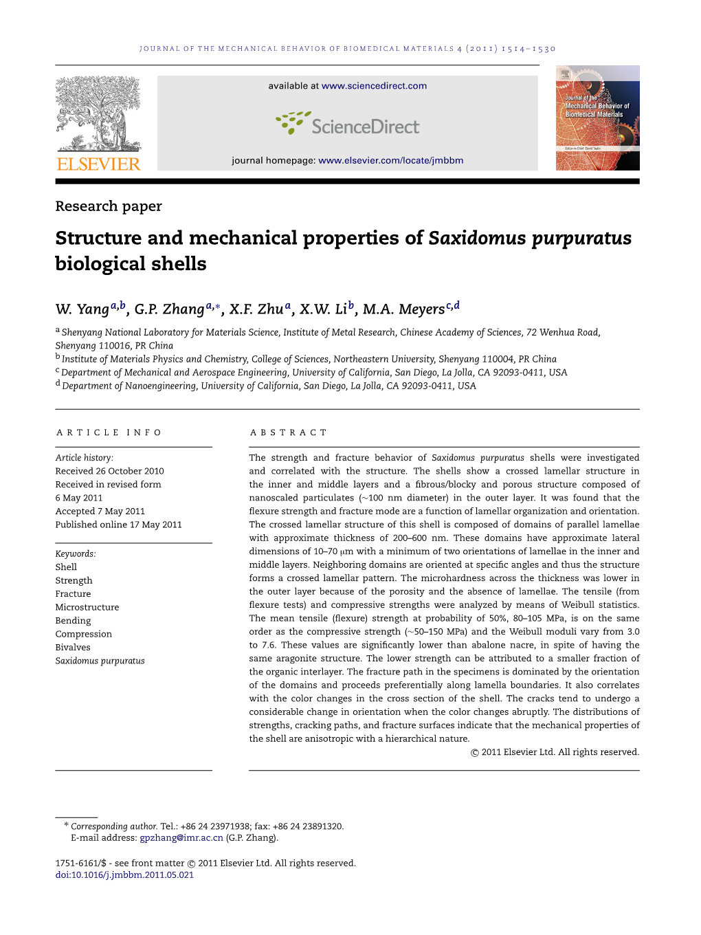 Structure and Mechanical Properties of Saxidomus Purpuratus Biological Shells