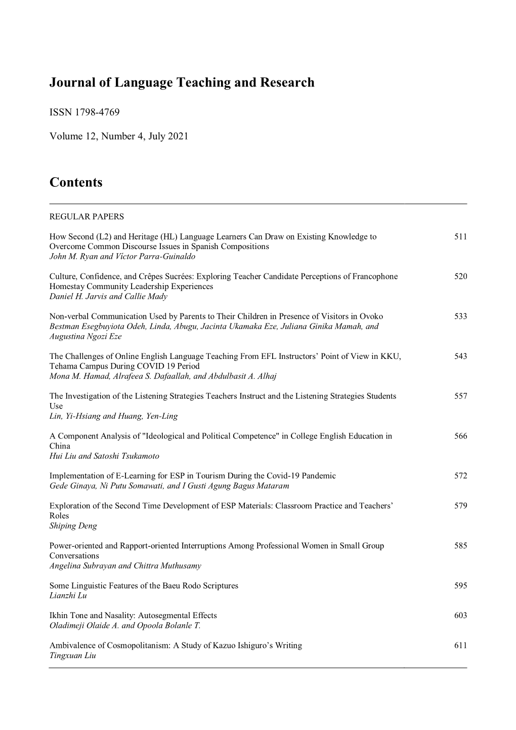 Journal of Language Teaching and Research Contents