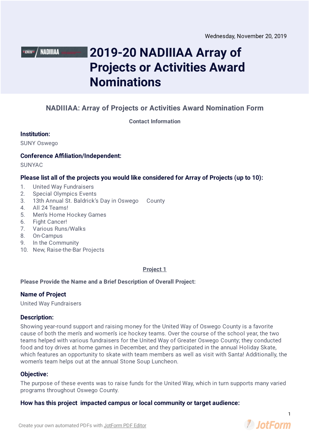 2019-20 NADIIIAA Array of Projects Or Activities Award Nominations
