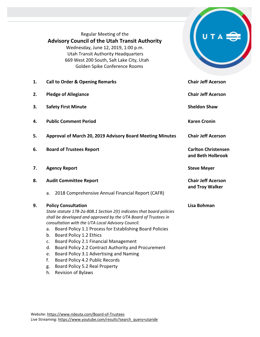 Advisory Council of the Utah Transit Authority Wednesday, June 12, 2019, 1:00 P.M