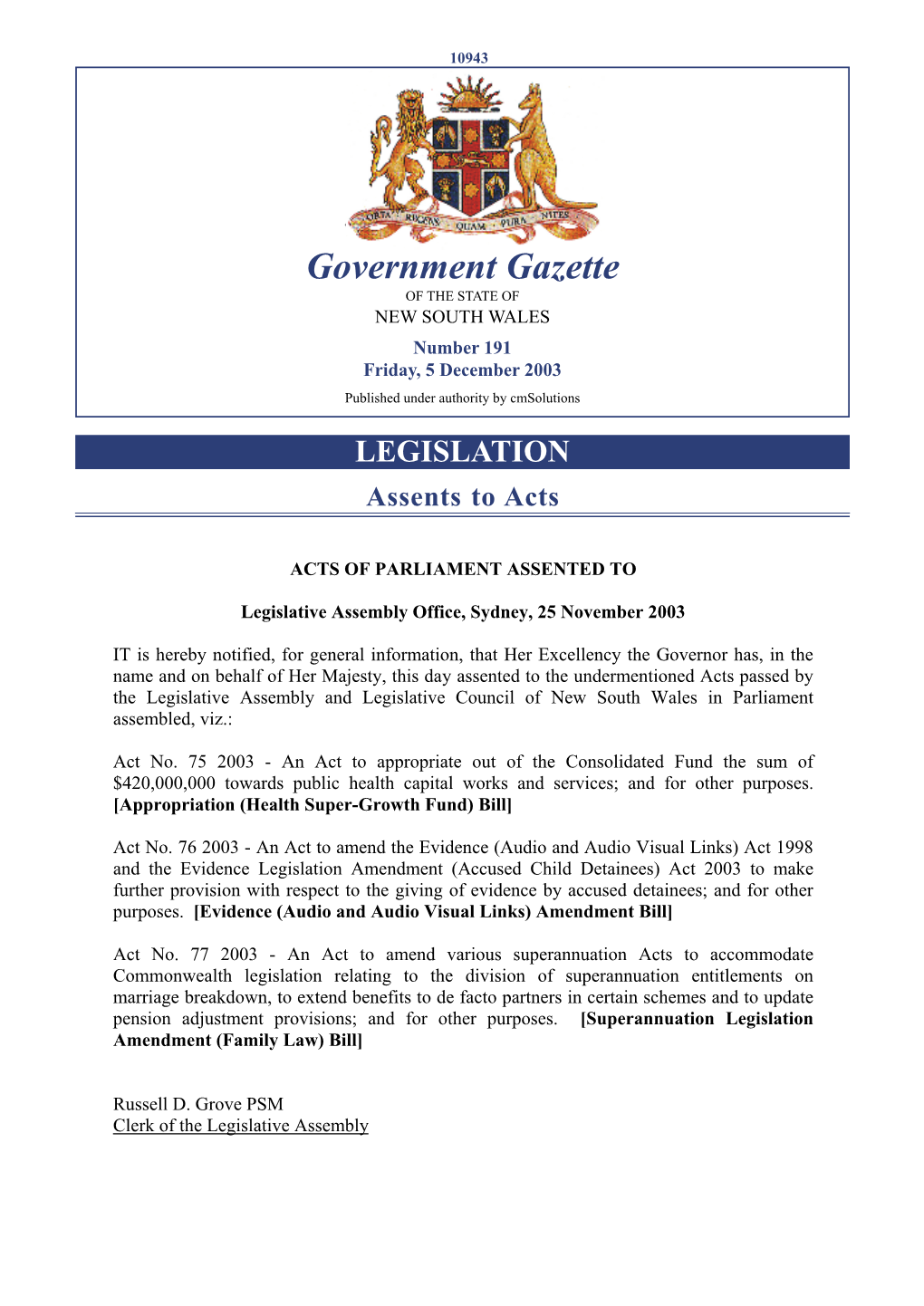 Government Gazette of the STATE of NEW SOUTH WALES Number 191 Friday, 5 December 2003 Published Under Authority by Cmsolutions