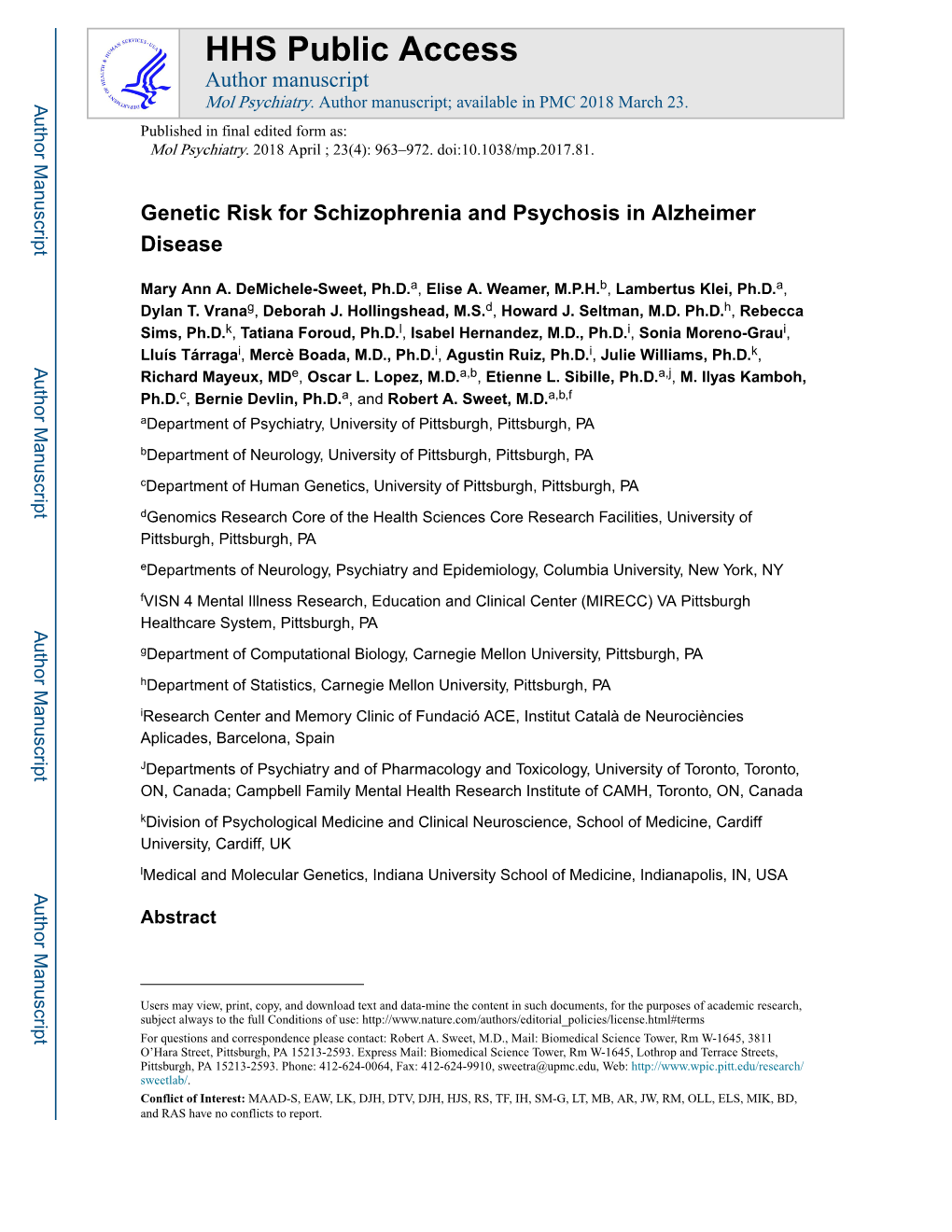 Genetic Risk for Schizophrenia and Psychosis in Alzheimer Disease