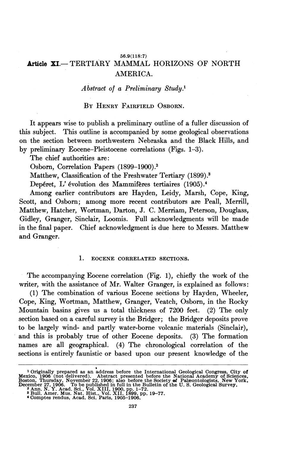 TERTIARY MAMMAL HORIZONS of NORTH AMERICA. Abstract of a Preliminary Stutdy.1