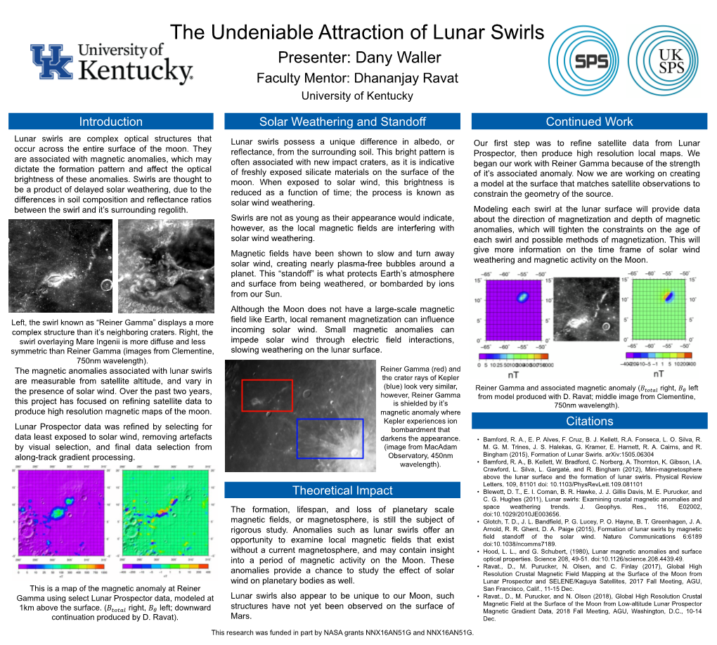 The Undeniable Attraction of Lunar Swirls Presenter: Dany Waller Faculty Mentor: Dhananjay Ravat University of Kentucky