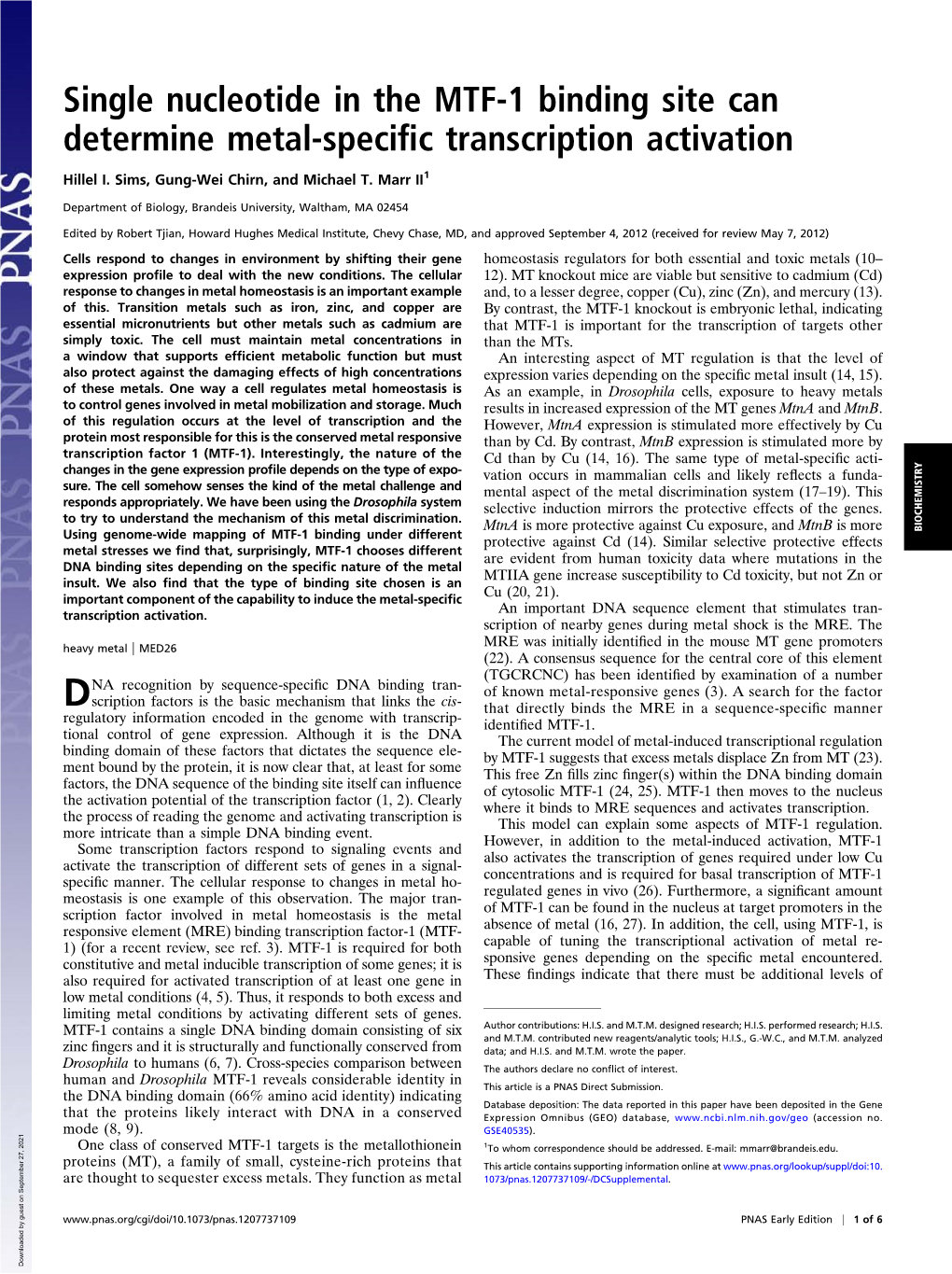 Single Nucleotide in the MTF-1 Binding Site Can Determine Metal-Speciﬁc Transcription Activation