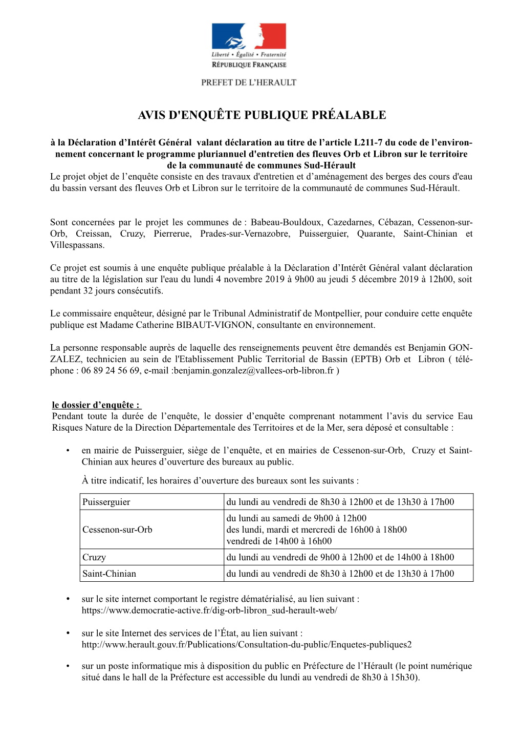 Avis OEP Entretien Orb Libron (CC Sud Herault)