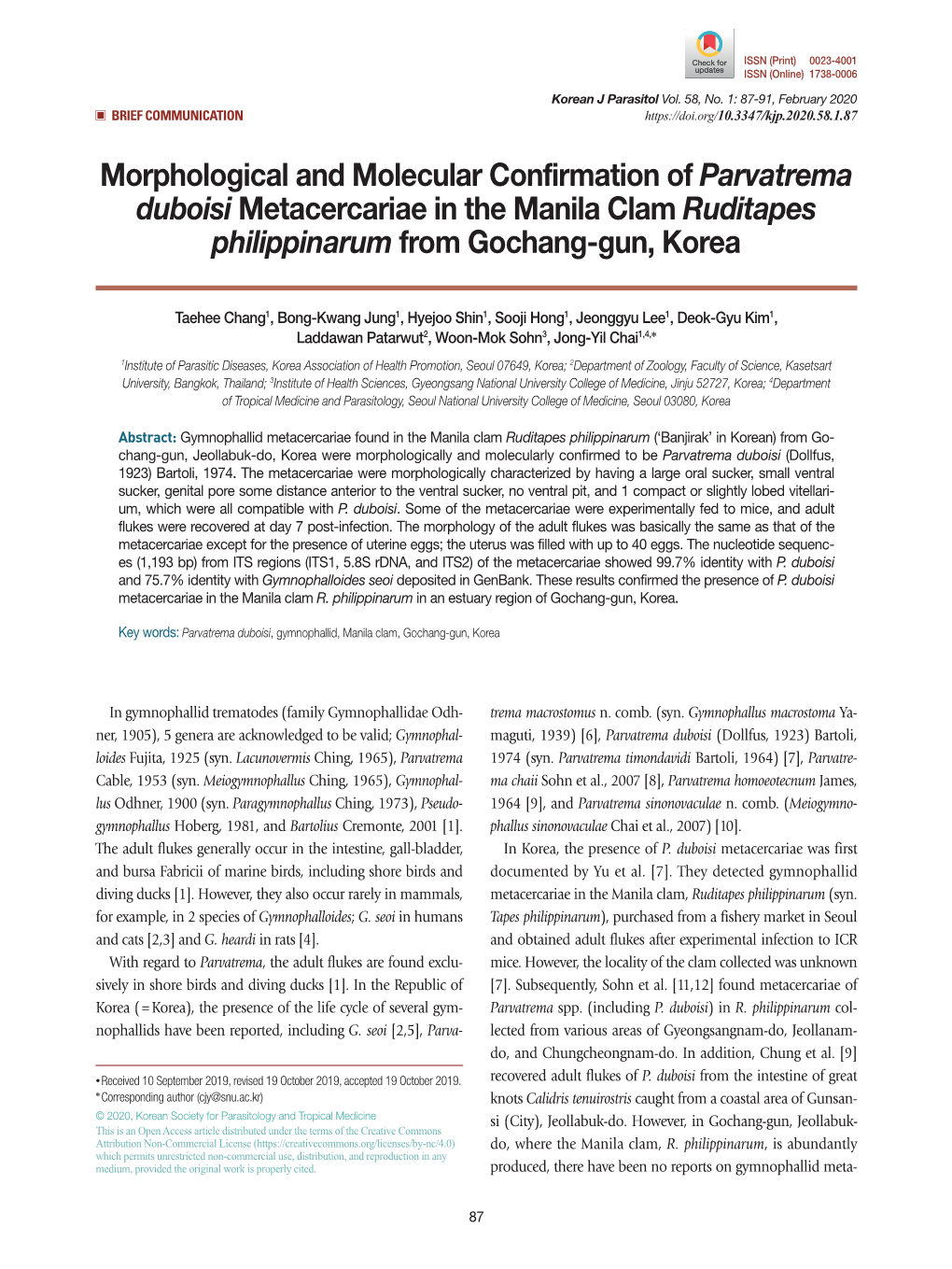 Morphological and Molecular Confirmation of Parvatrema Duboisi Metacercariae in the Manila Clam Ruditapes Philippinarum from Gochang-Gun, Korea