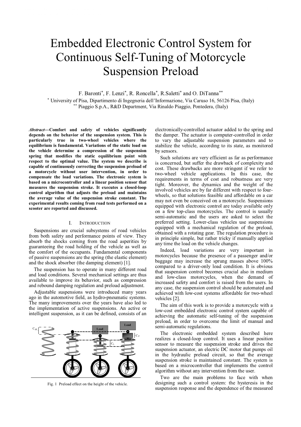 Embedded Electronic Control System for Continuous Self-Tuning of Motorcycle Suspension Preload