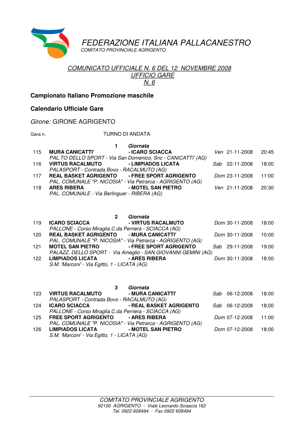 Federazione Italiana Pallacanestro Comitato Provinciale Agrigento