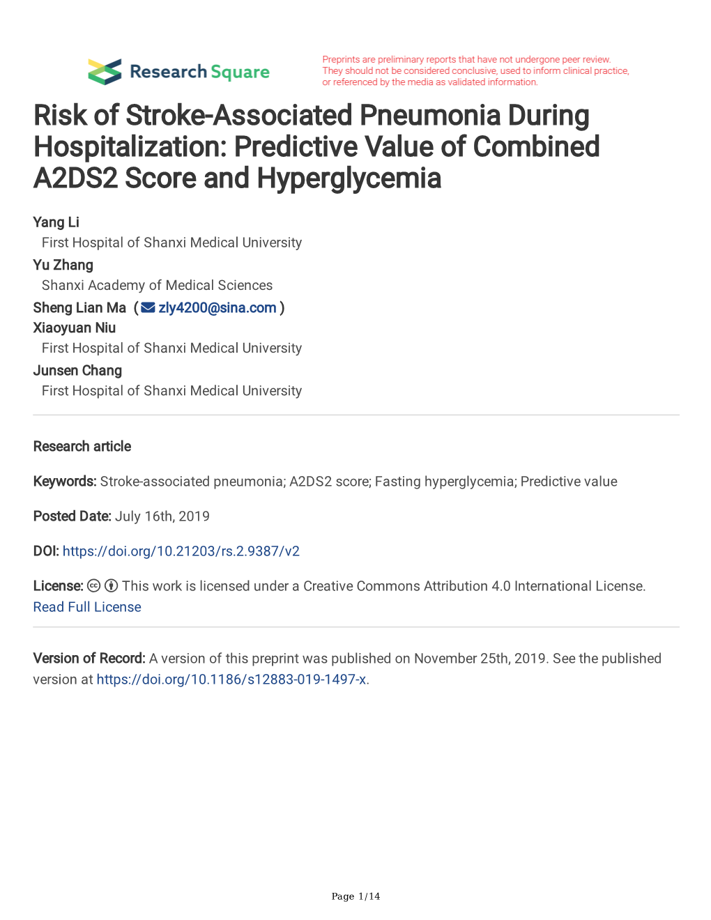 Risk of Stroke-Associated Pneumonia During Hospitalization: Predictive Value of Combined A2DS2 Score and Hyperglycemia