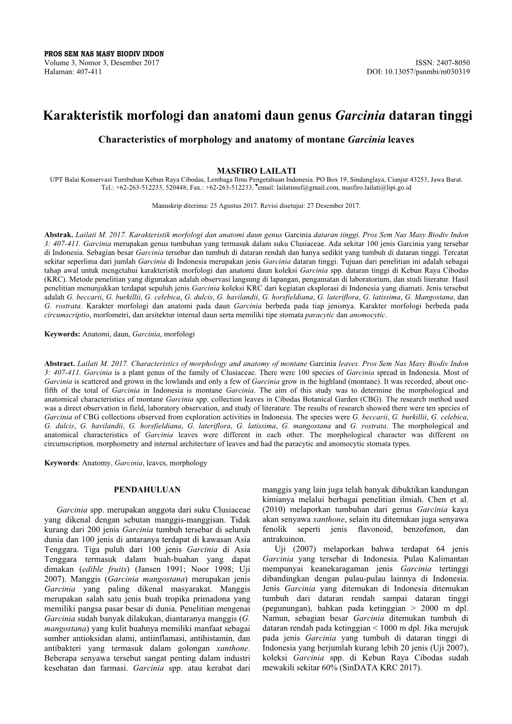 Karakteristik Morfologi Dan Anatomi Daun Genus Garcinia Dataran Tinggi