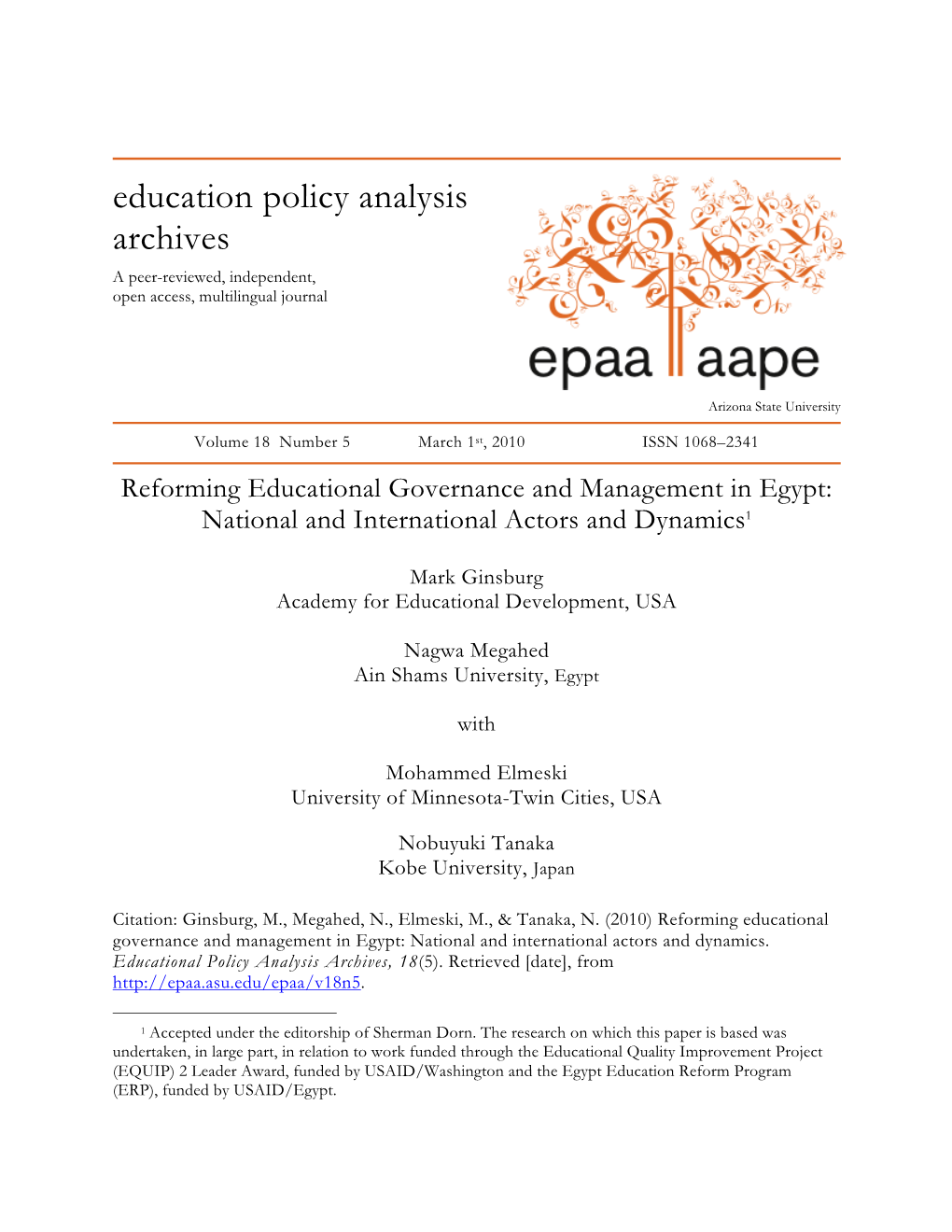 Reforming Educational Governance and Management in Egypt: National and International Actors and Dynamics1