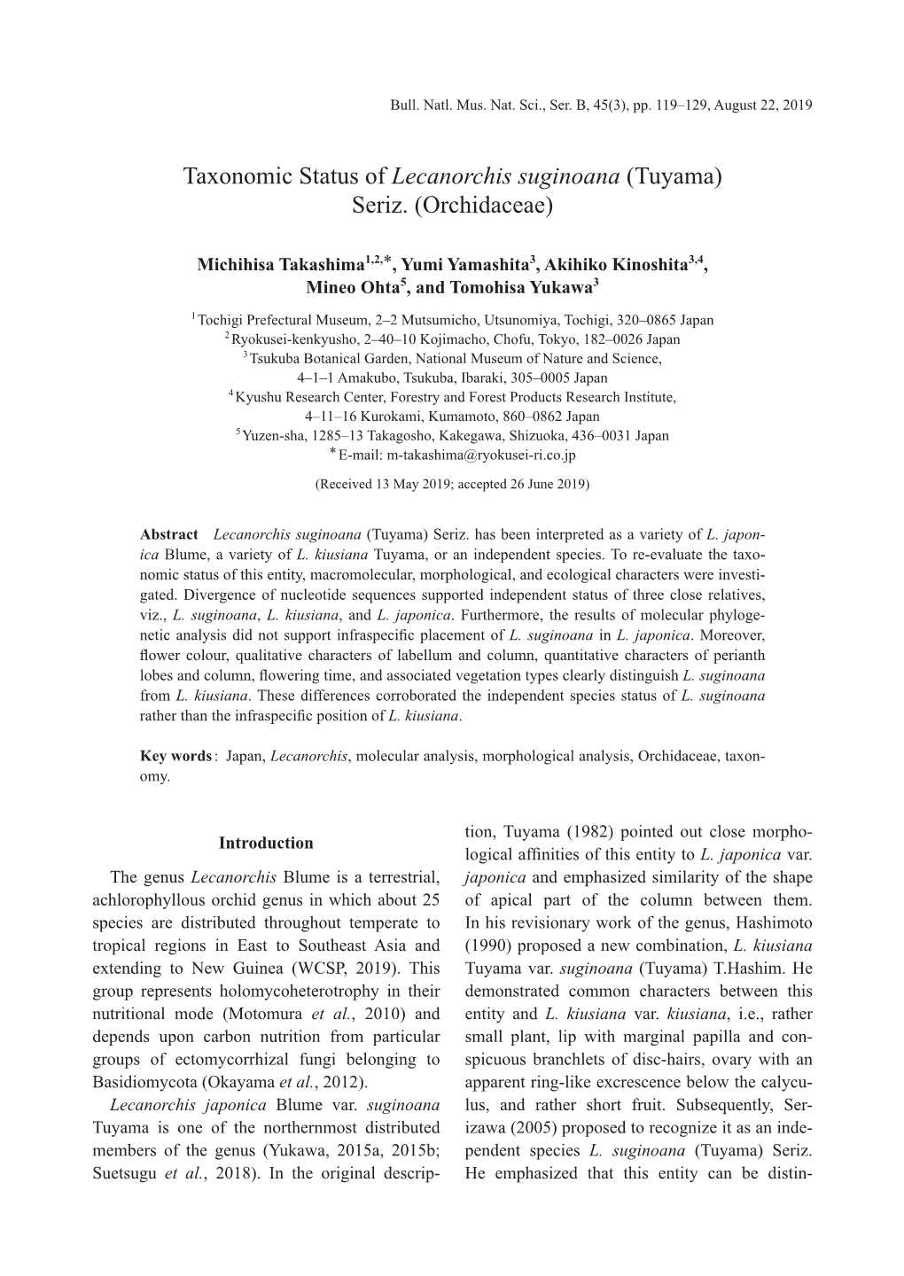 Taxonomic Status of Lecanorchis Suginoana (Tuyama) Seriz