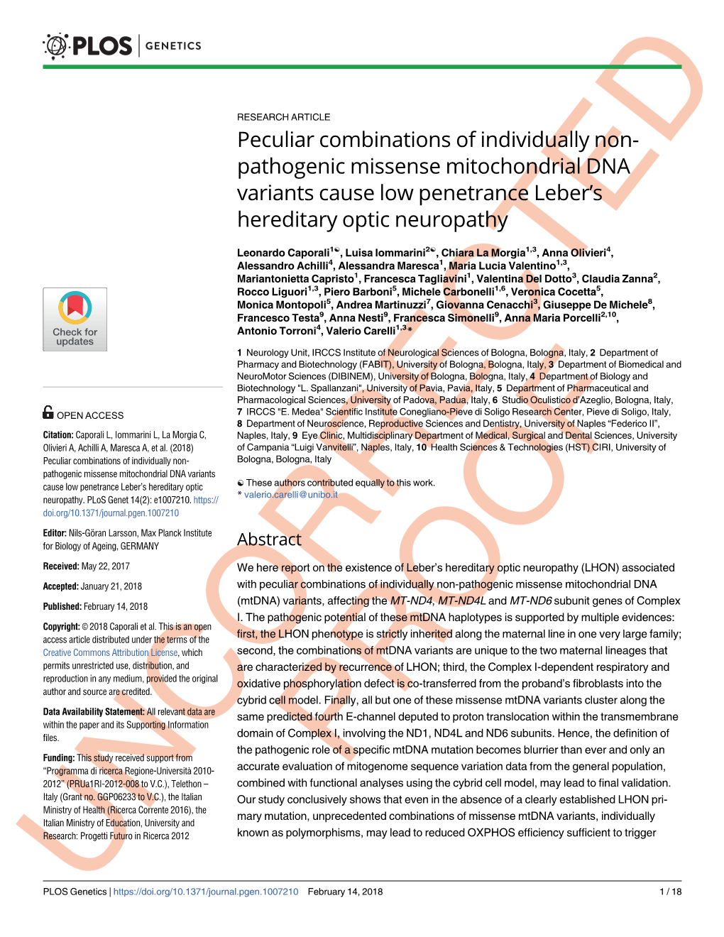 Pathogenic Missense Mitochondrial DNA Variants Cause Low Penetrance Leber's Hereditary Optic Neuropathy