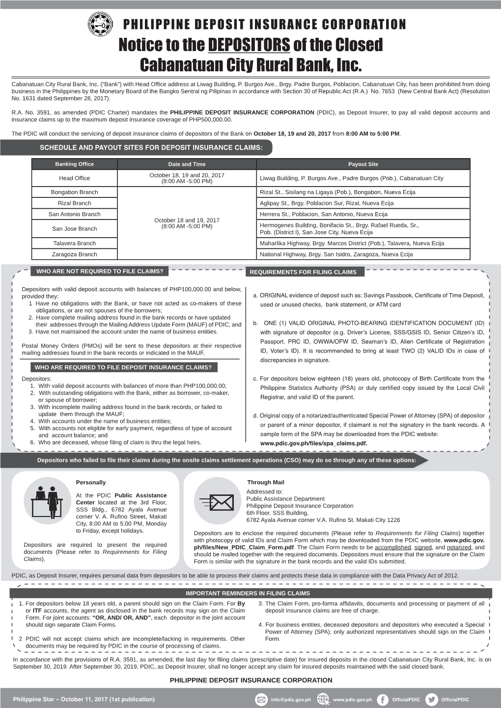 Notice to the DEPOSITORS of the Closed Cabanatuan City Rural Bank, Inc