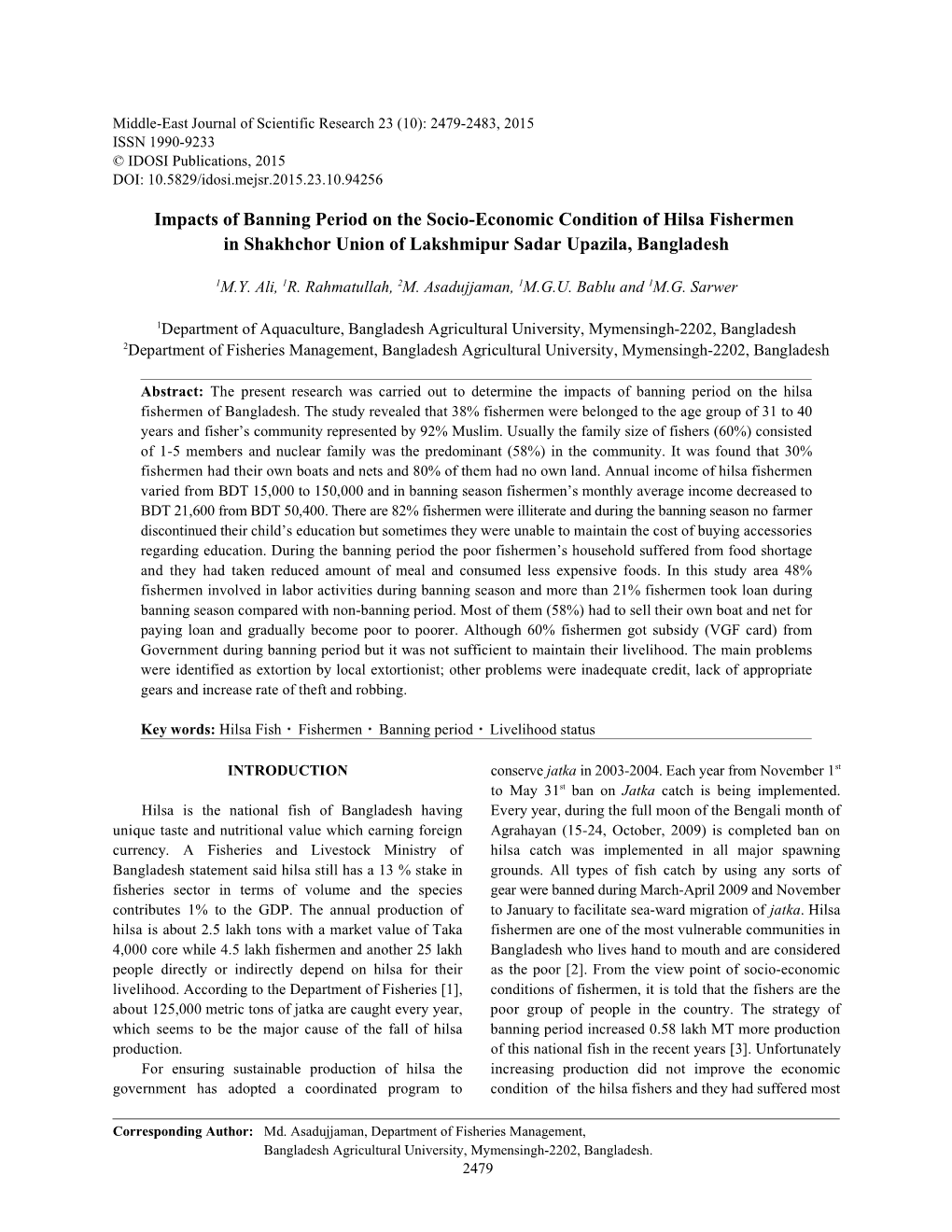 Impacts of Banning Period on the Socio-Economic Condition of Hilsa Fishermen in Shakhchor Union of Lakshmipur Sadar Upazila, Bangladesh