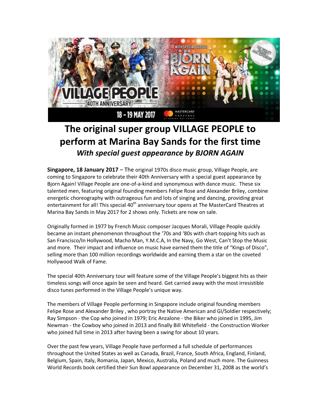 The Original Super Group VILLAGE PEOPLE to Perform at Marina Bay Sands for the First Time with Special Guest Appearance by BJORN AGAIN