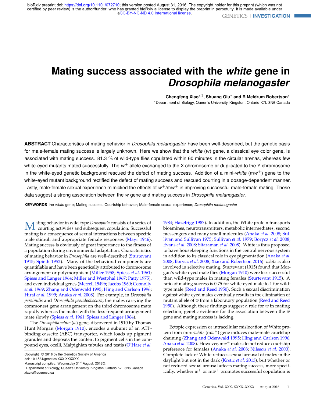 Mating Success Associated with the White Gene in Drosophila Melanogaster