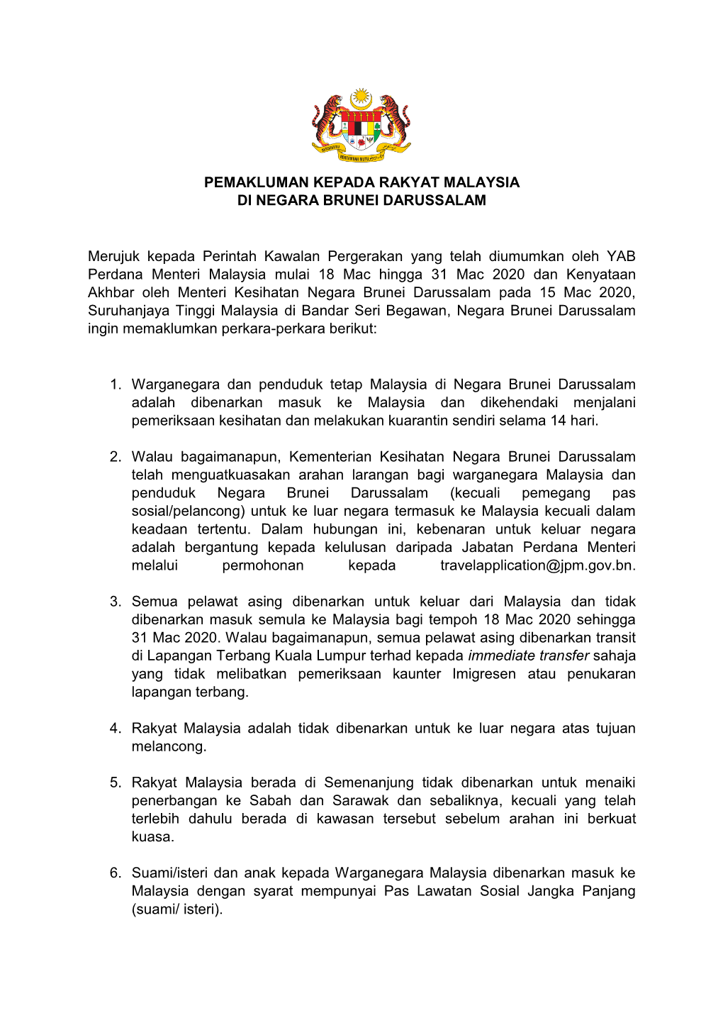 Pemakluman Kepada Rakyat Malaysia Di Negara Brunei Darussalam