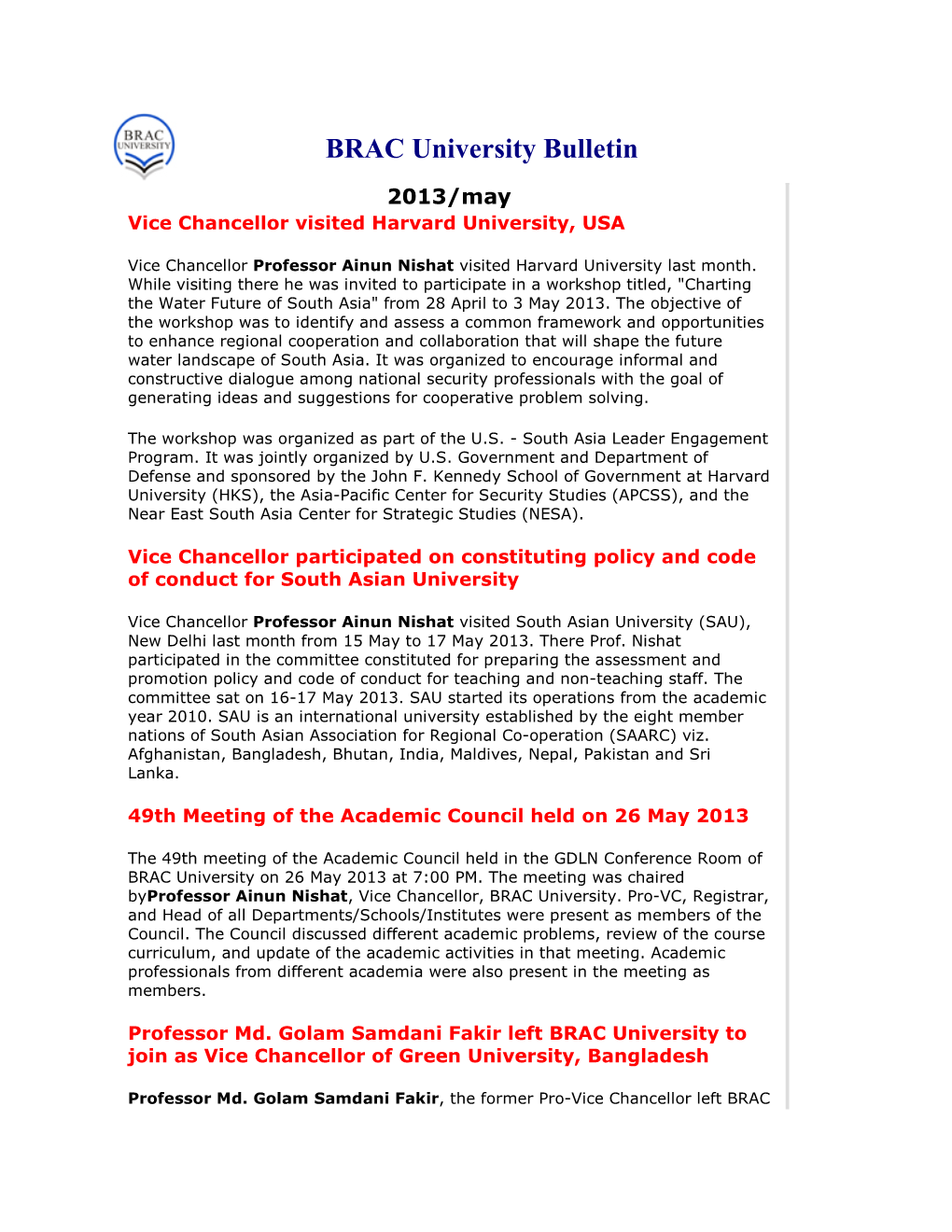 BRAC University Bulletin May 2013.Pdf