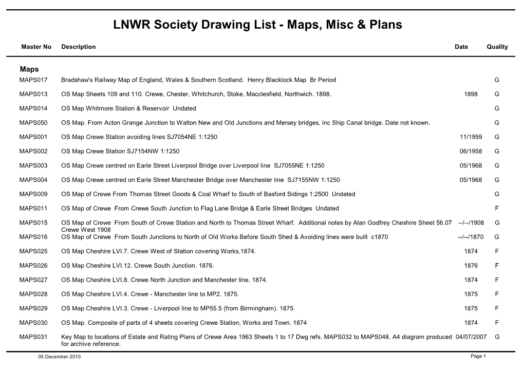 LNWR Society Drawing List - Maps, Misc & Plans