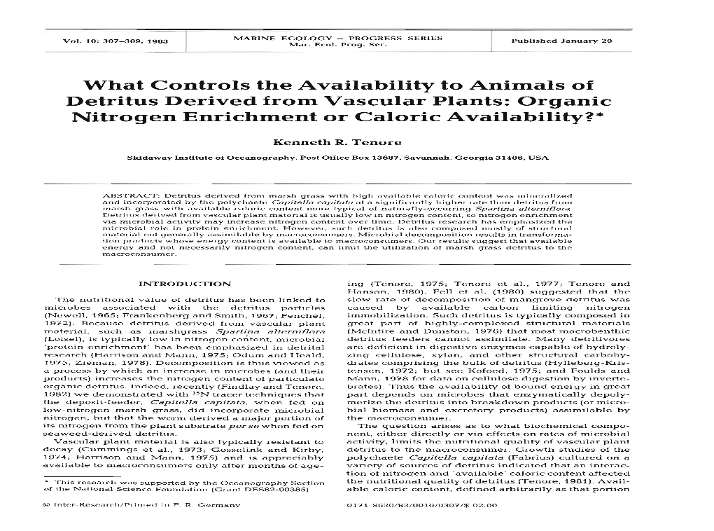 What Controls the Availability to Animals of Detritus Derived from Vascular Plants: Organic Nitrogen Enrichment Or Caloric Availability?'