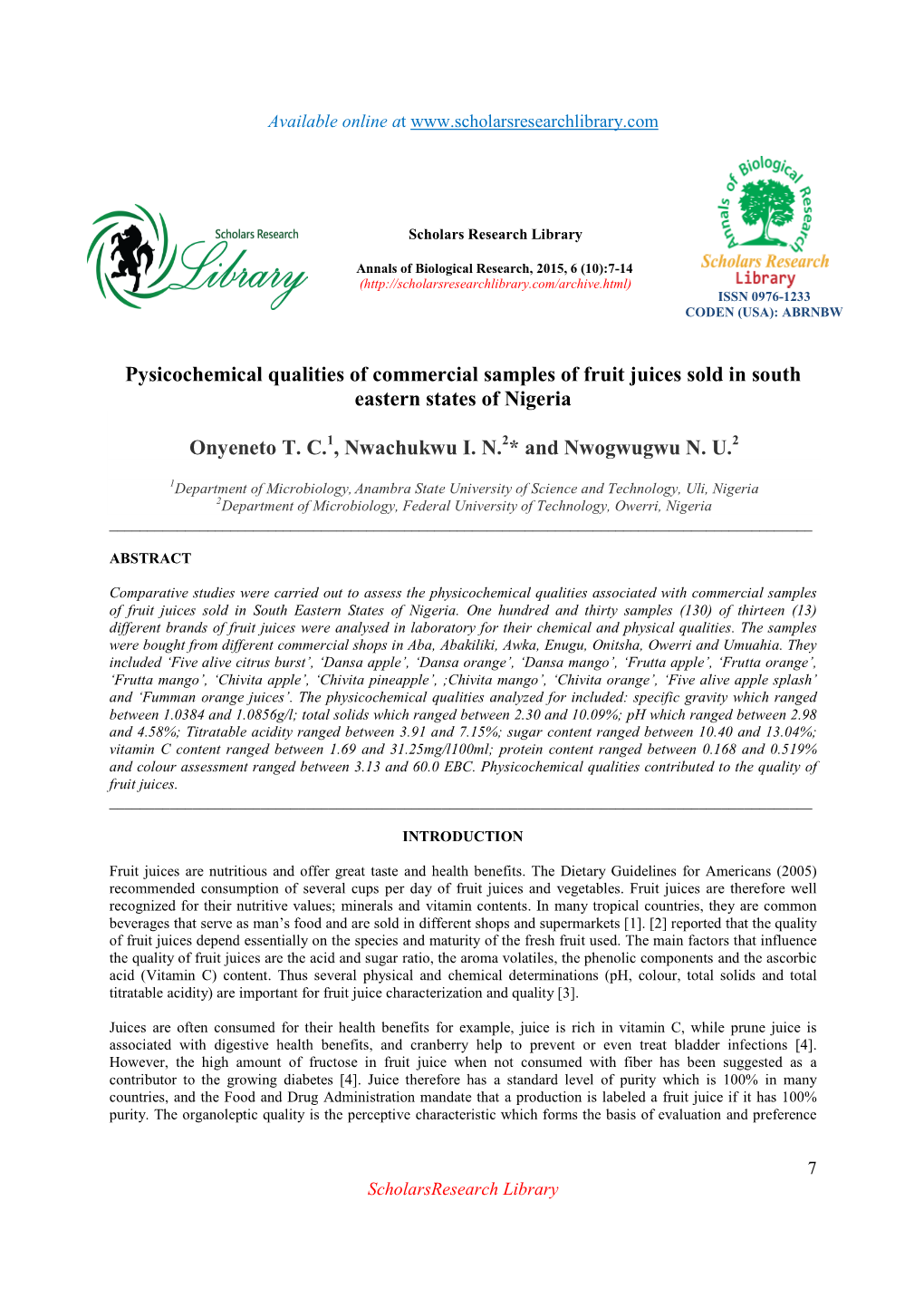 Pysicochemical Qualities of Commercial Samples of Fruit Juices Sold in South Eastern States of Nigeria