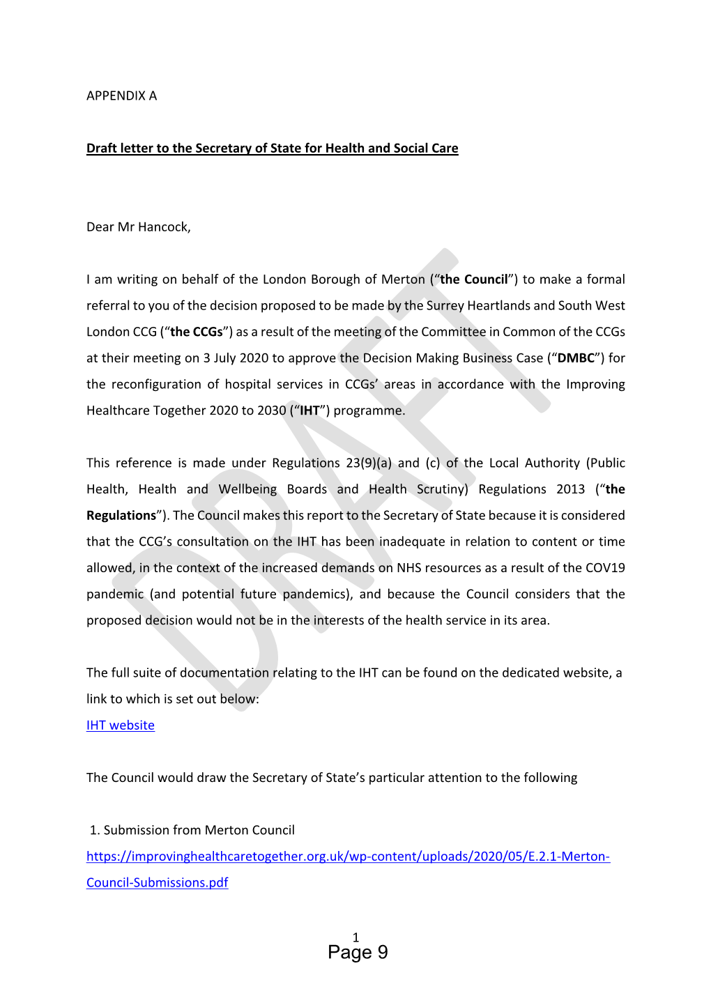14 07 20 Draft Letter to the Secretary of State for Health