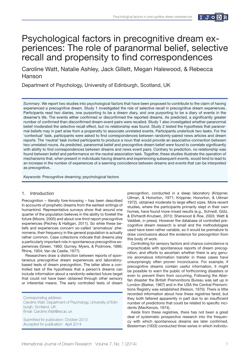 Psychological Factors in Precognitive Dream Ex- Periences: the Role Of