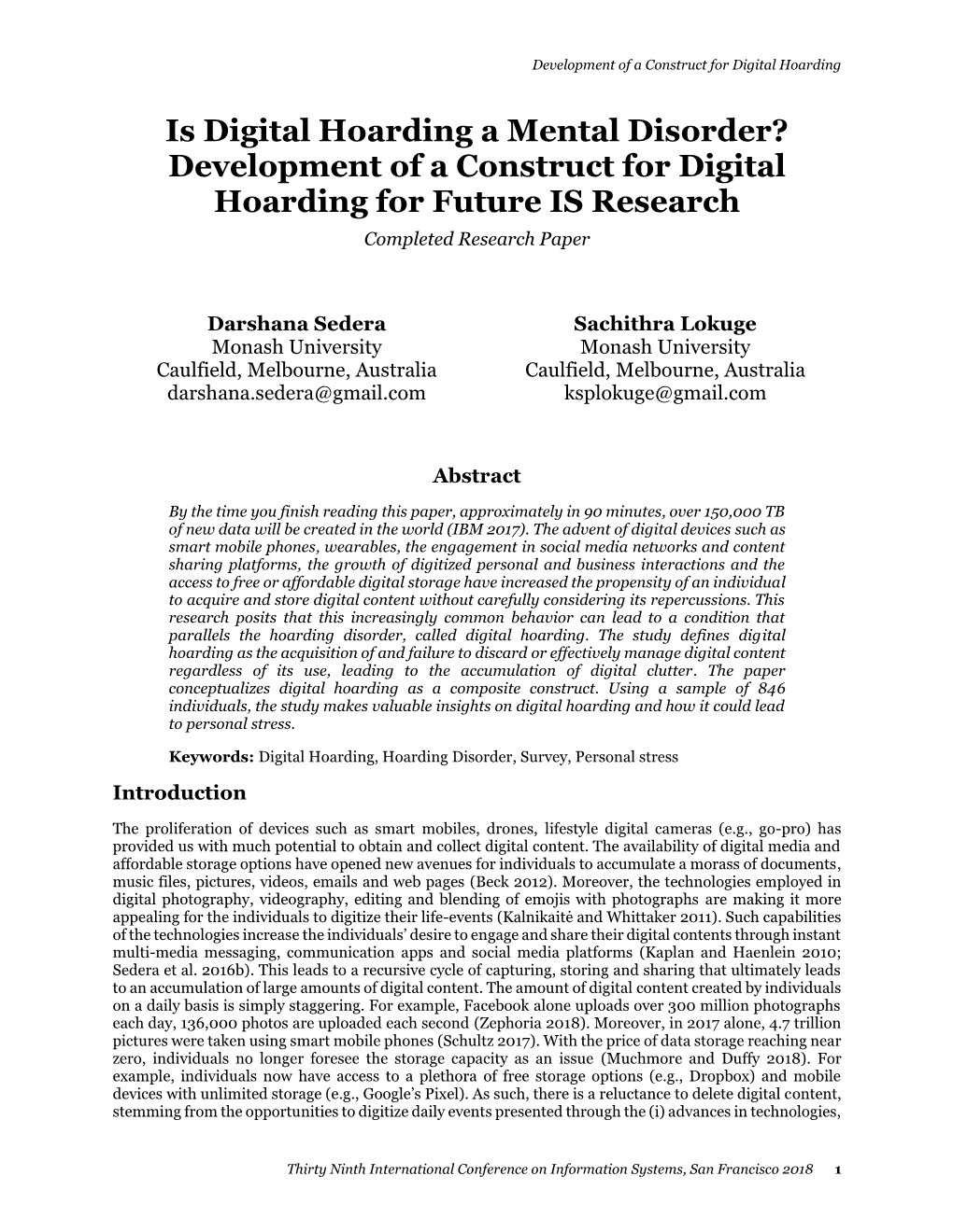 Is Digital Hoarding a Mental Disorder? Development of a Construct for Digital Hoarding for Future IS Research Completed Research Paper