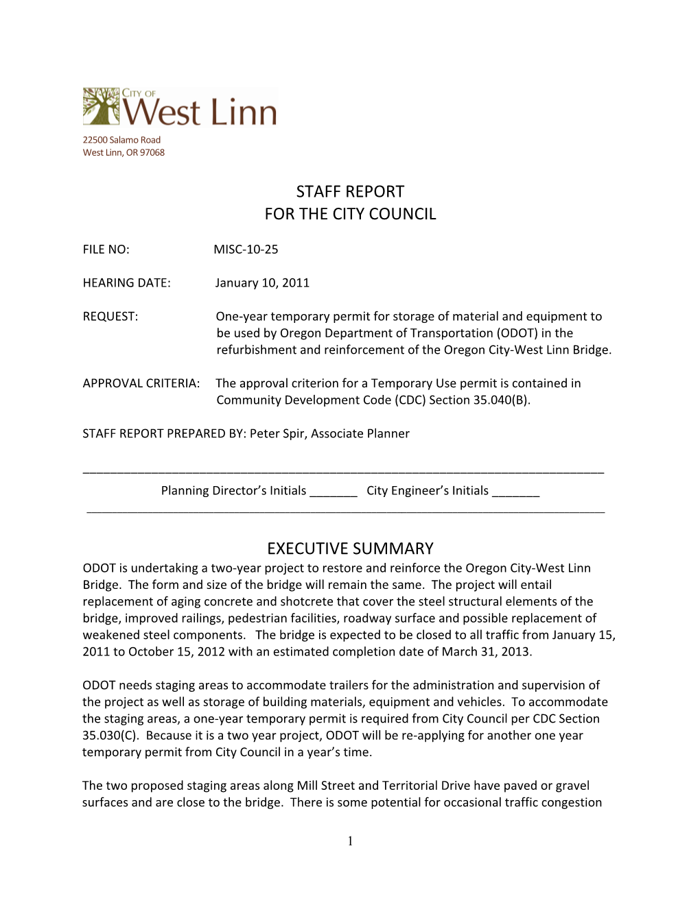 Staff Report for the City Council Executive Summary