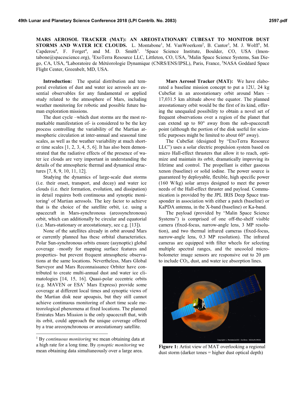 Mars Aerosol Tracker (Mat): an Areostationary Cubesat to Monitor Dust Storms and Water Ice Clouds