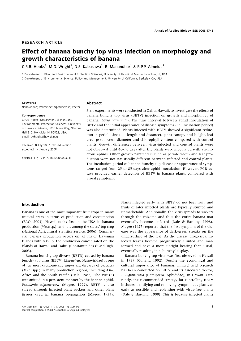 Effect of Banana Bunchy Top Virus Infection on Morphology and Growth Characteristics of Banana C.R.R