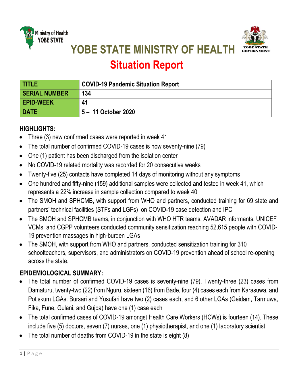 Yobe State – COVID-19 Weekly Situation Report