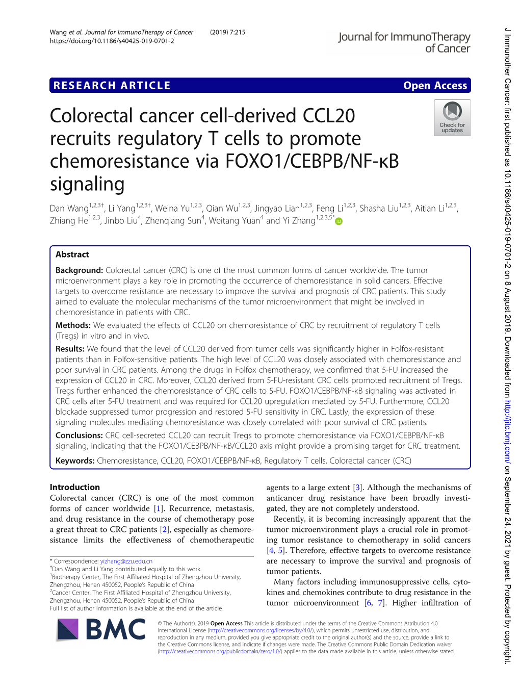 Colorectal Cancer Cell-Derived CCL20 Recruits Regulatory T Cells to Promote Chemoresistance Via FOXO1/CEBPB/NF-Κb Signaling