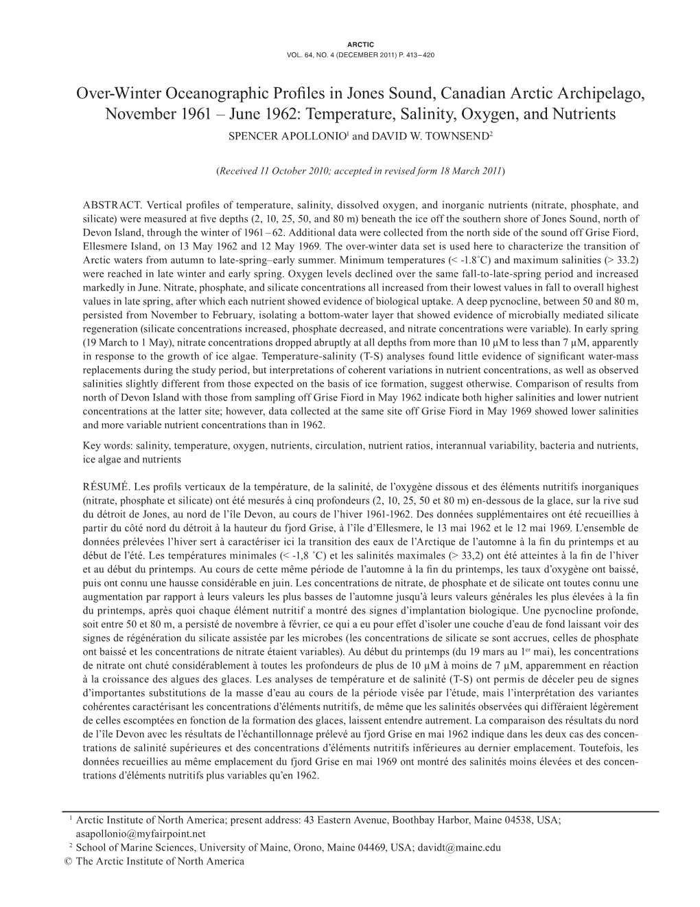 Over-Winter Oceanographic Profiles in Jones Sound, Canadian Arctic