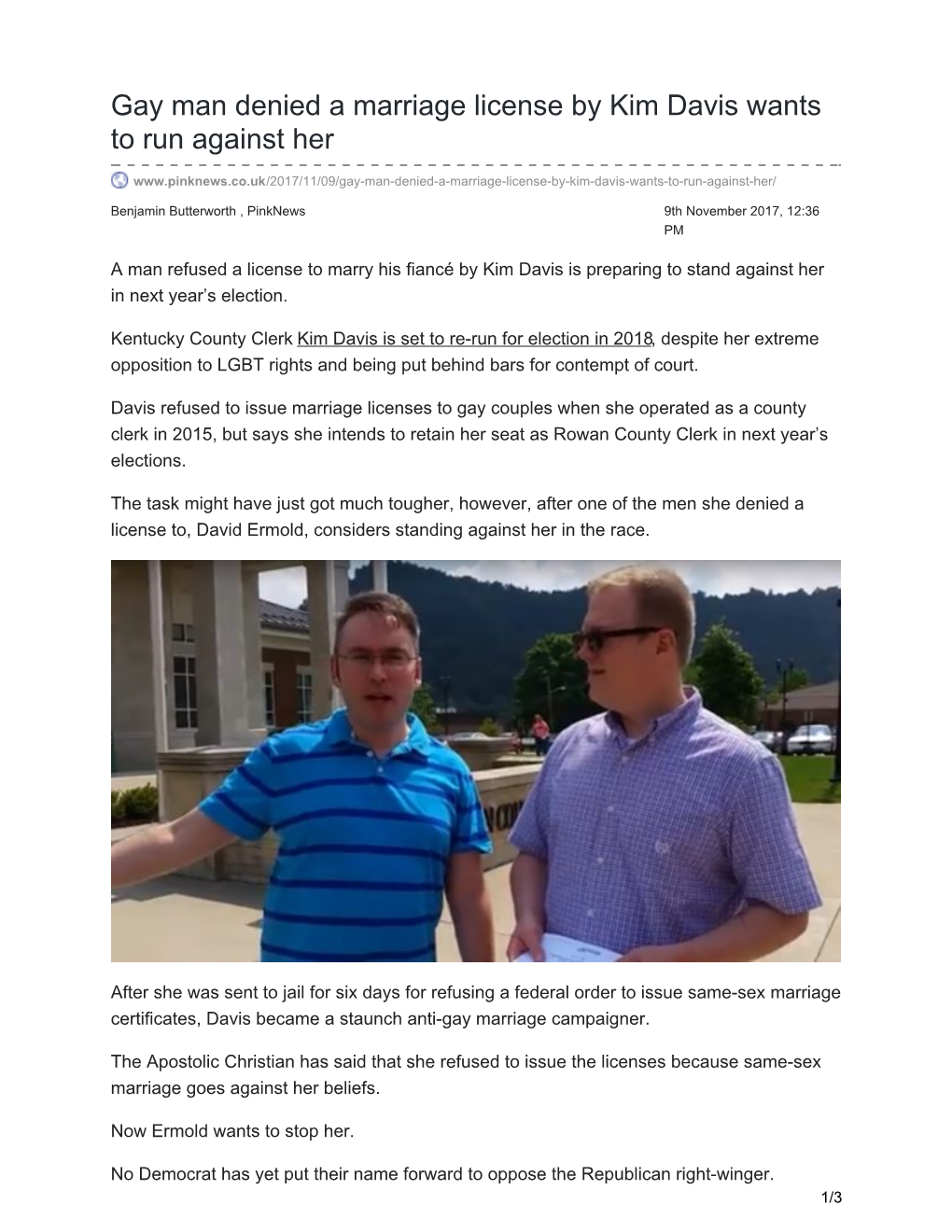 Gay Man Denied a Marriage License by Kim Davis Wants to Run Against Her