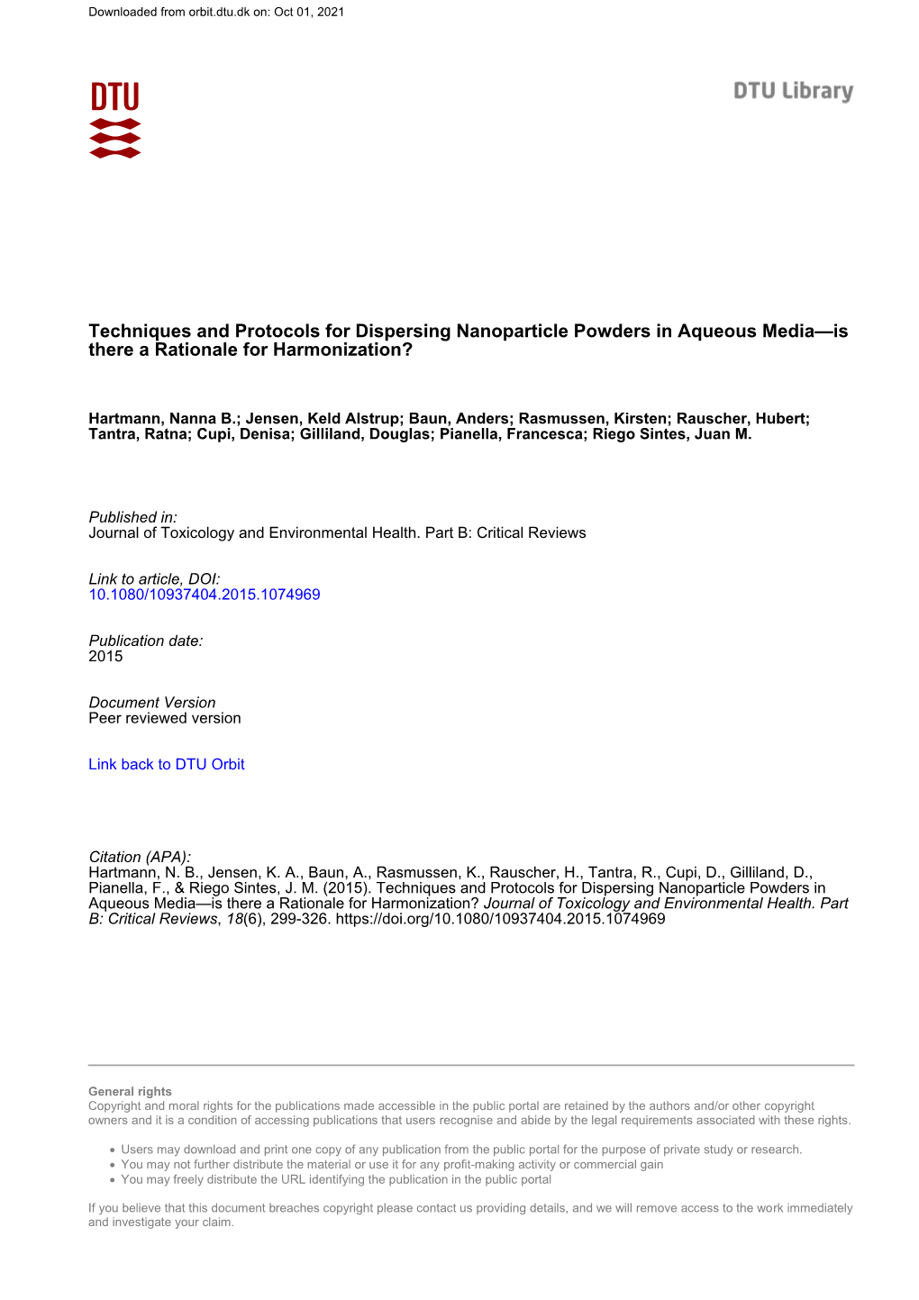 Techniques and Protocols for Dispersing Nanoparticle Powders in Aqueous Media—Is There a Rationale for Harmonization?