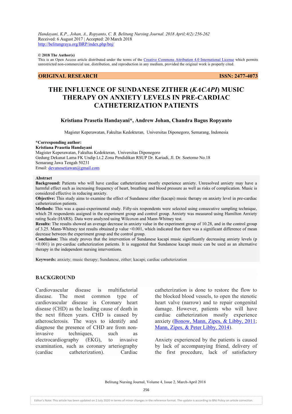 The Influence of Sundanese Zither (Kacapi) Music Therapy on Anxiety Levels in Pre-Cardiac Catheterization Patients