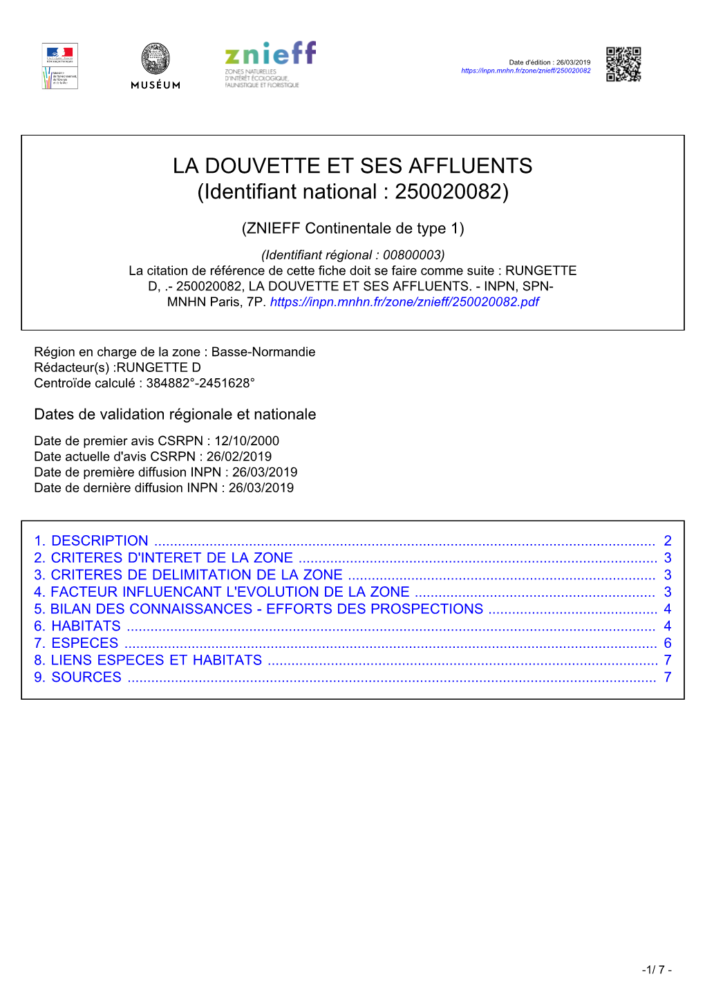 LA DOUVETTE ET SES AFFLUENTS (Identifiant National : 250020082)