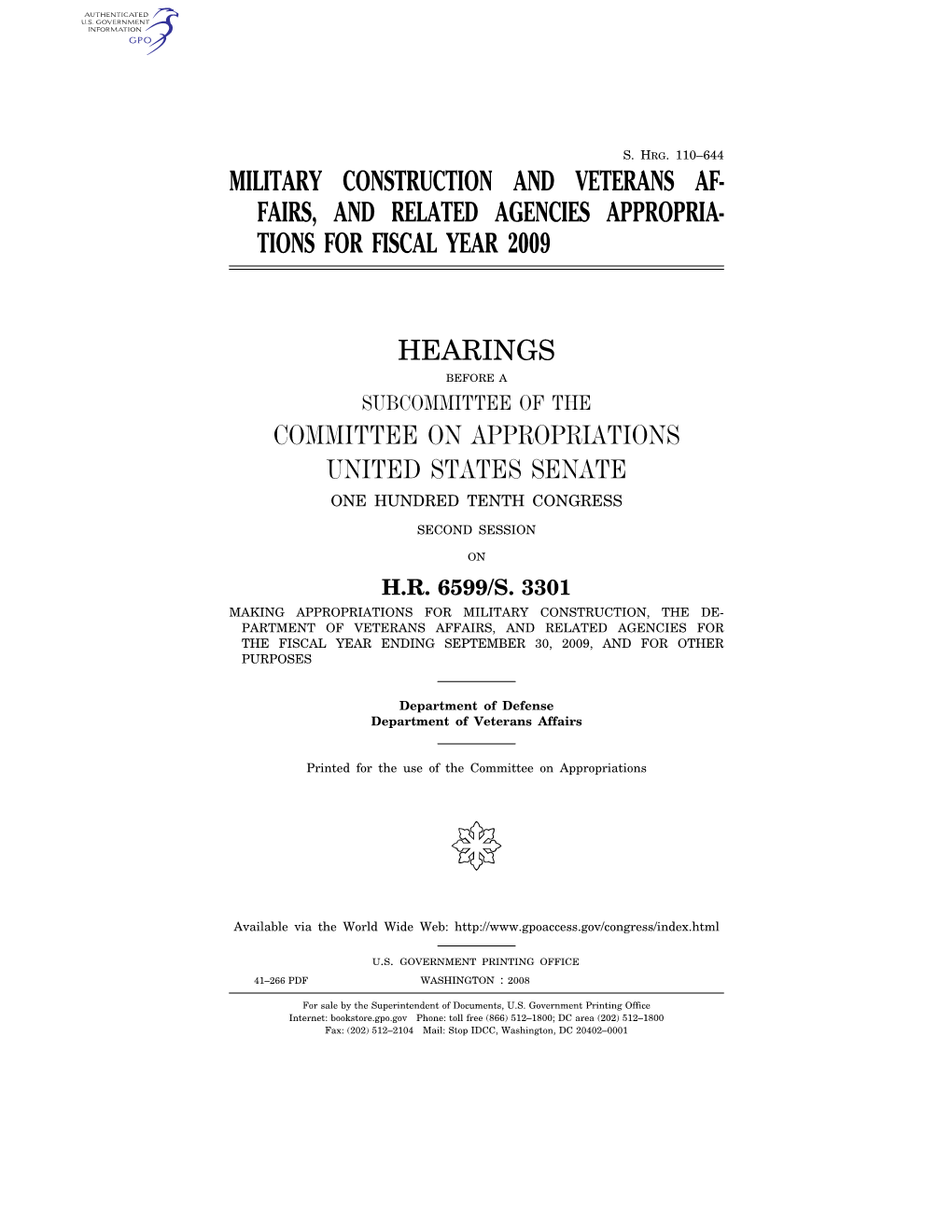 Military Construction and Veterans Af- Fairs, and Related Agencies Appropria- Tions for Fiscal Year 2009