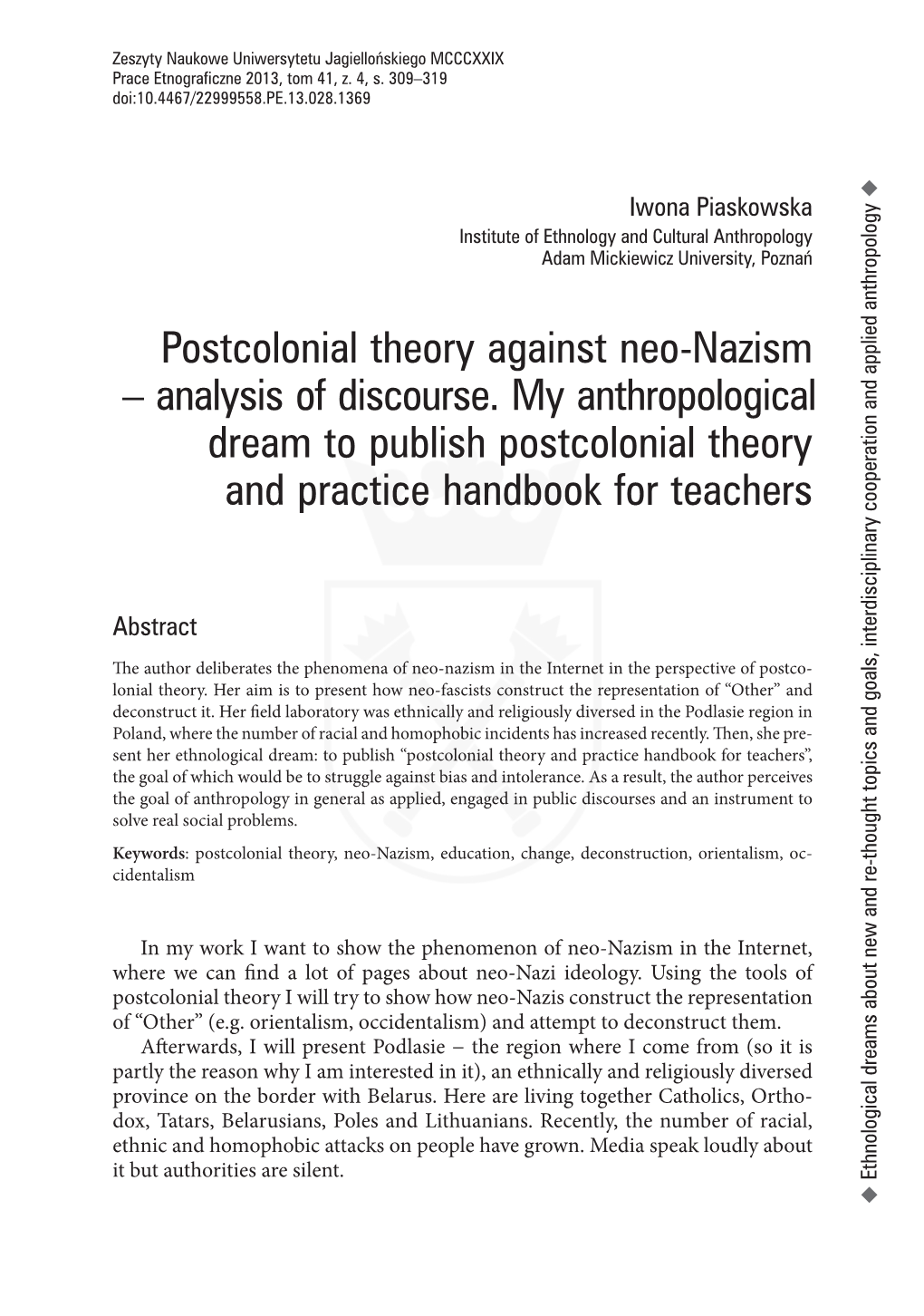 Postcolonial Theory Against Neo-Nazism – Analysis of Discourse. My Anthropological Dream to Publish Postcolonial Theory and Practice Handbook for Teachers