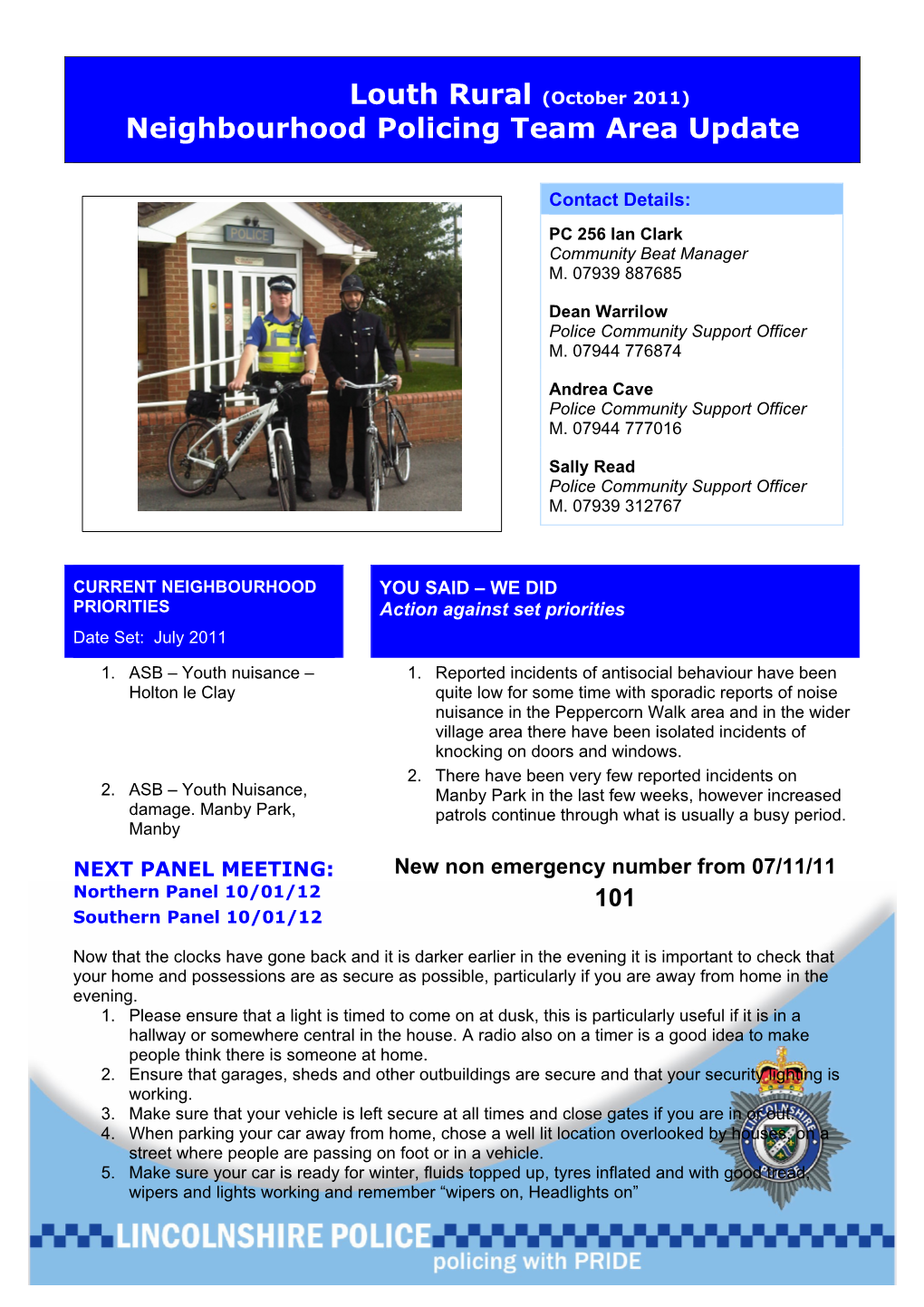 Louth Rural (October 2011) Neighbourhood Policing Team Area Update