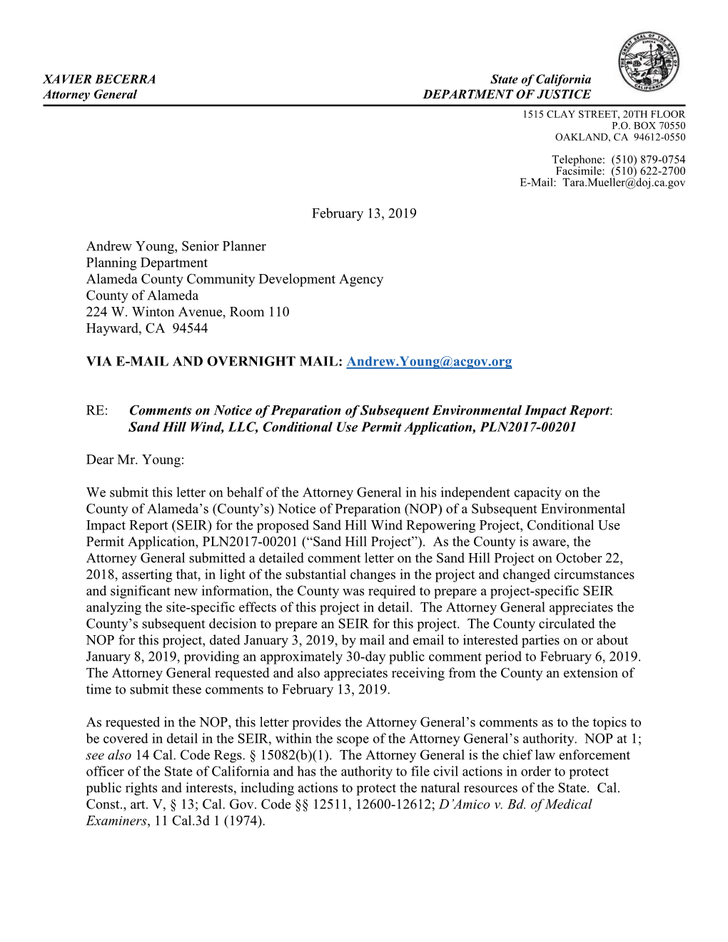 AG Comment Letter Sand Hill Wind LLC NOP Final