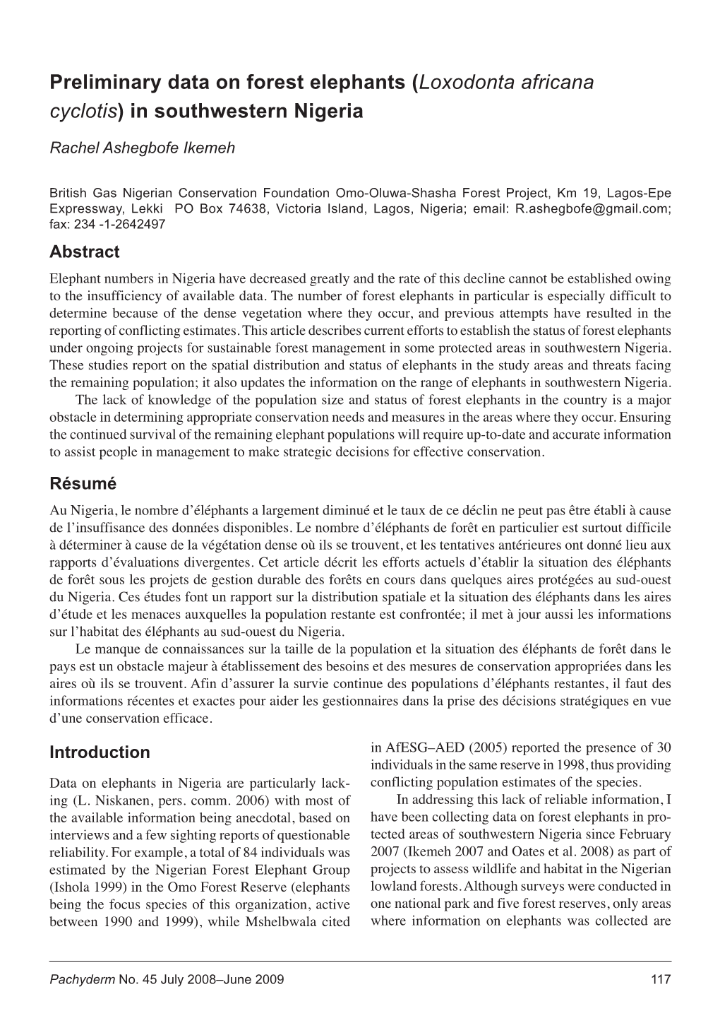 Preliminary Data on Forest Elephants (Loxodonta Africana Cyclotis) in Southwestern Nigeria