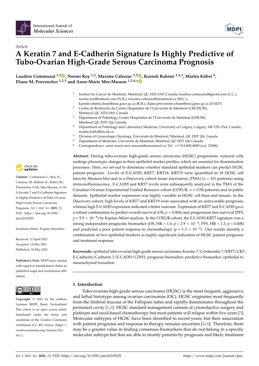 A Keratin 7 and E-Cadherin Signature Is Highly Predictive of Tubo-Ovarian High-Grade Serous Carcinoma Prognosis