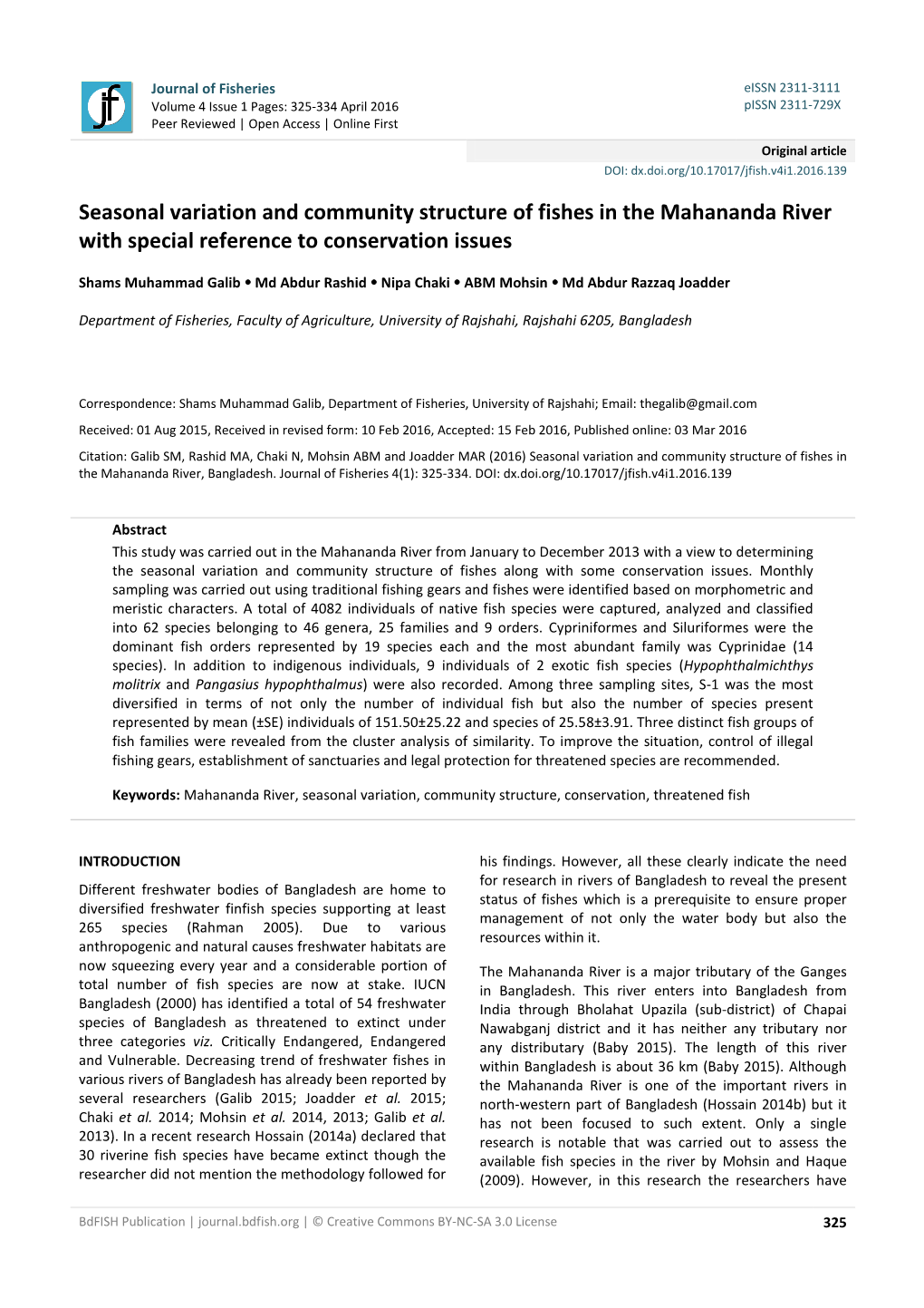 Seasonal Variation and Community Structure of Fishes in the Mahananda River with Special Reference to Conservation Issues
