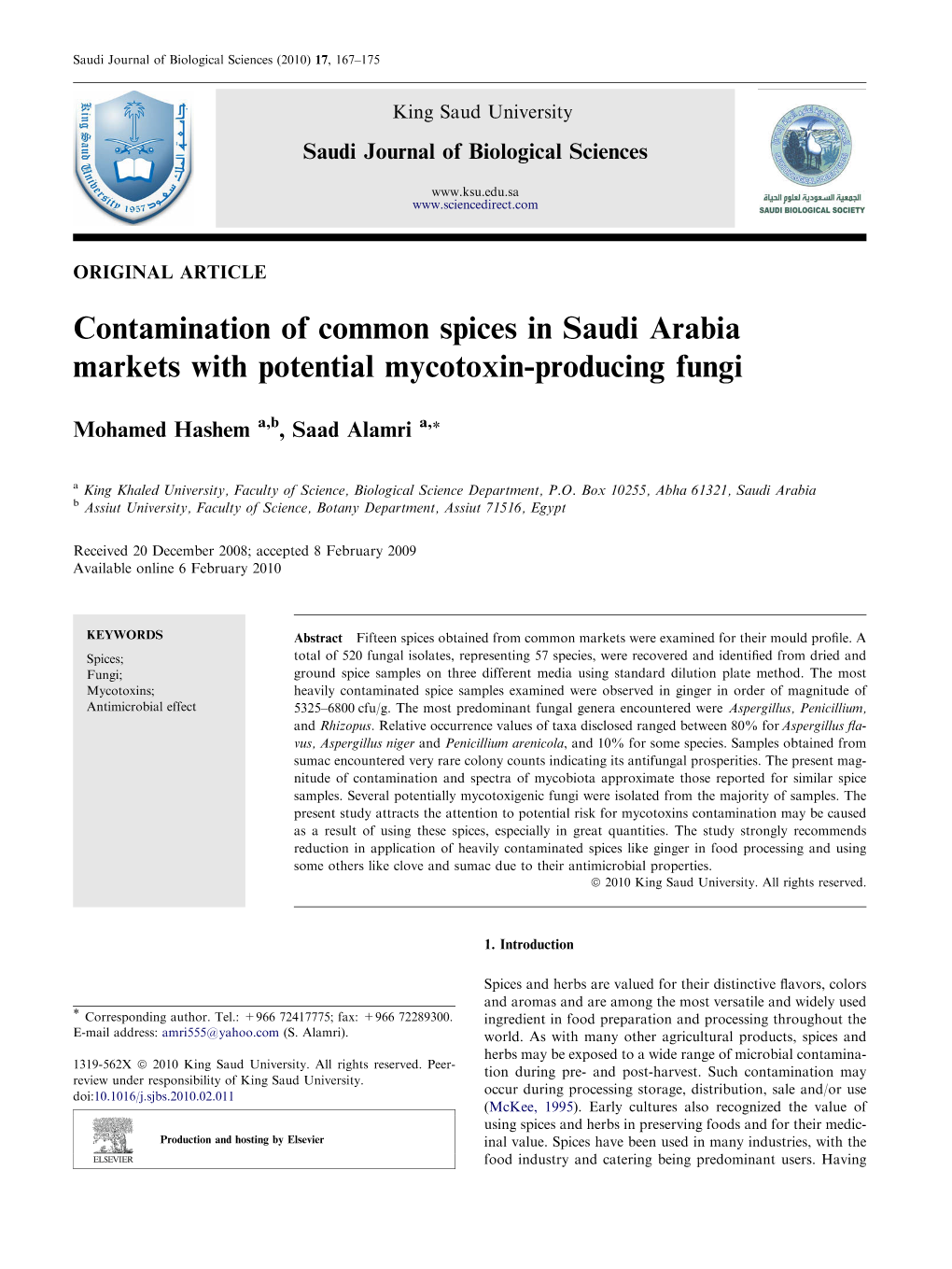 Contamination of Common Spices in Saudi Arabia Markets with Potential Mycotoxin-Producing Fungi